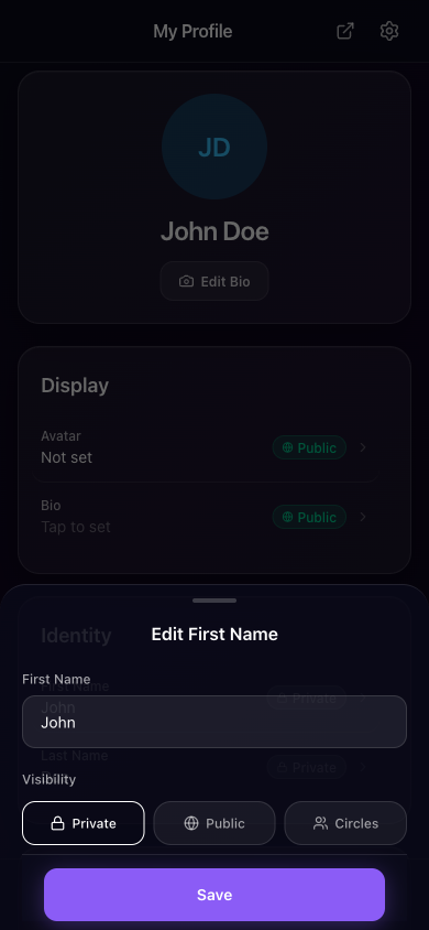 SMDB field editor showing the three visibility options: Private, Public, and Circles