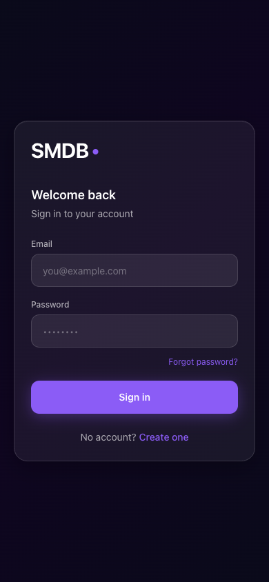 SMDB sign-in screen — your gateway to a private, permissioned profile