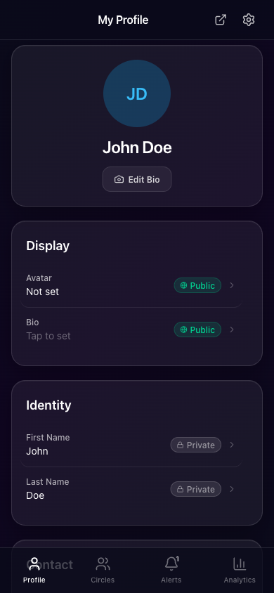 SMDB profile editor showing Public and Private visibility badges on each field