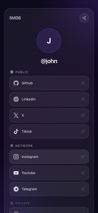 SMDB public profile page showing only the fields the user chose to make public